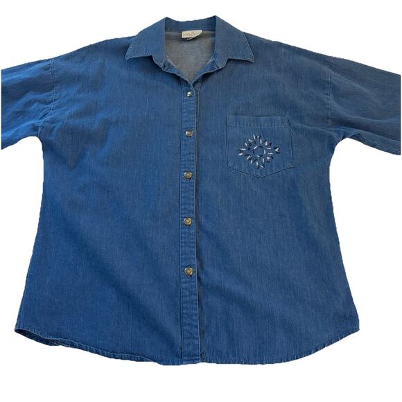 Park Place Fashions Denim Button Down Woman's Shirt Large USA Starburst Pocket - Picture 4 of 14